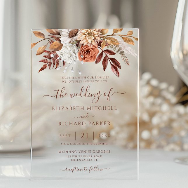 Terracotta Rust Blume Boho Fall Foliage Hochzeit Acryleinladungen (Von Creator hochgeladen)
