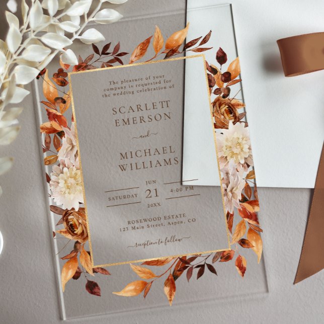 Terracotta Rust Blume Boho Fall Foliage Hochzeit Acryleinladungen (Terracotta Rust Flowers Boho Fall Foliage Wedding Acrylic Invitations by Painted Paperie
)