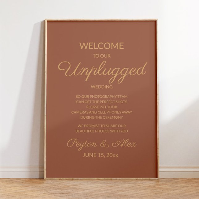 Terracotta Rust Elegantes Skript Unplugged Wedding Poster (Terracotta/burnt orange "Unplugged" wedding poster for your fall/autumn/winter wedding)