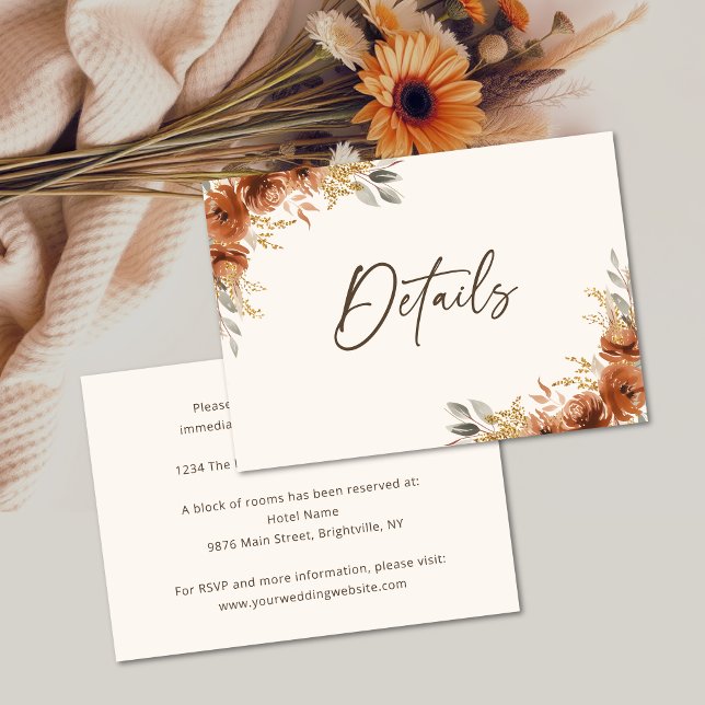 Terracotta Rust Fall Blumenzwiebeldetails Begleitkarte (Terracotta Rust Fall Floral Wedding Details Enclosure Card)
