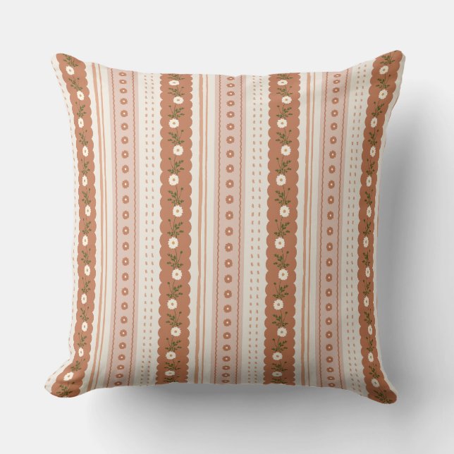 Terracotta Rust Scallop Floral Stripe Boho Kissen (Vorderseite)