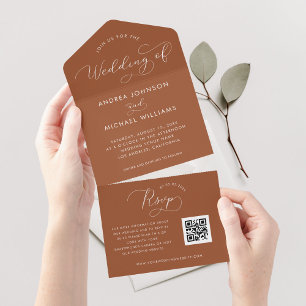 Terracotta Rust Script Herbst QR Code Hochzeit All In One Einladung