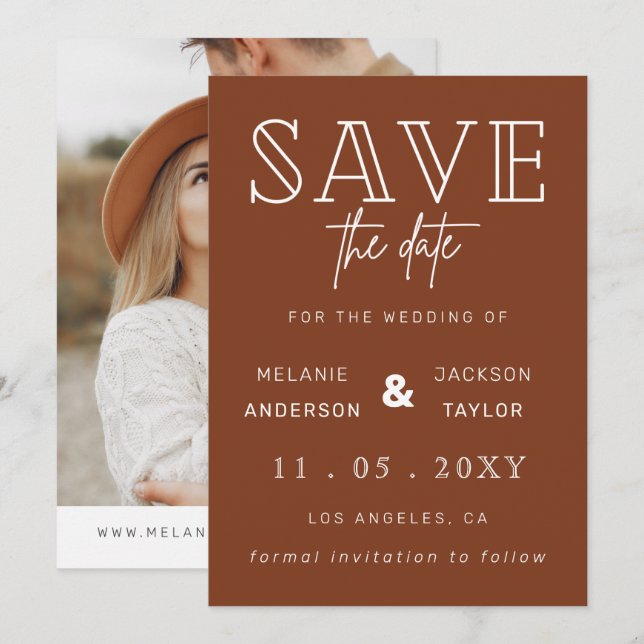 Terracotta Rustic Burnt Orange Boho Foto Save The Date (Vorne/Hinten)
