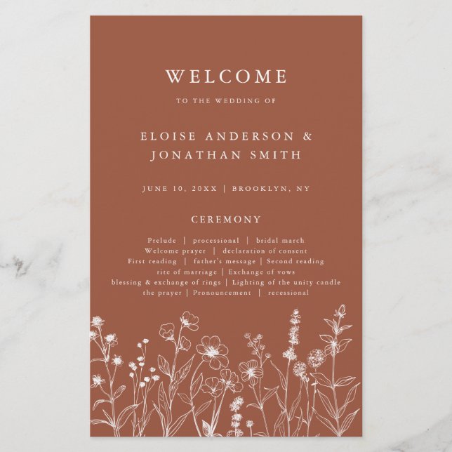 Terracotta Rustic Fall Wildblume Hochzeitsprogramm (Vorderseite)