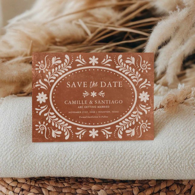 Terracotta Rustic Papado Picado Save the Date (Rustic Papel Picado Save the Date Card)