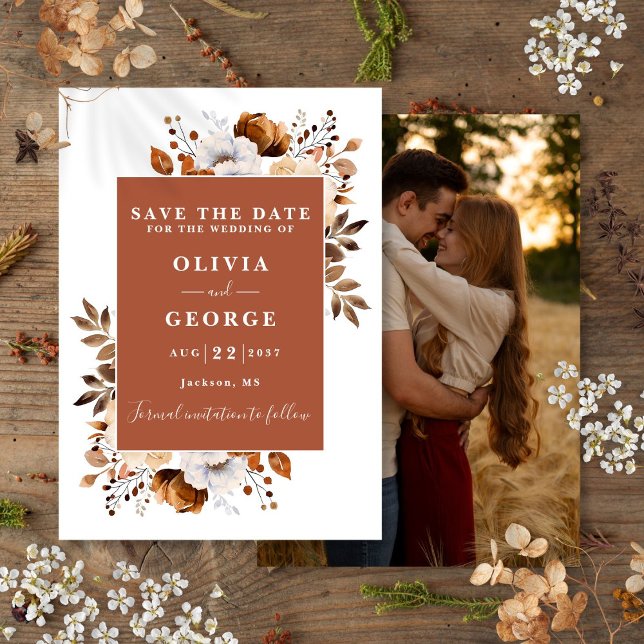 Terracotta Rustikale Aquarellfarben Foto Hochzeit Save The Date (Terracotta Rustic Watercolor Floral Photo Wedding Save The Date)