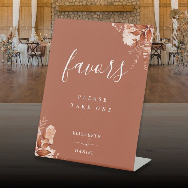 Terracotta Rustikale Blütenblüte Herbstfavoriten Sockelschild (Terracotta Rustic Floral Autumn Fall Favors Table Pedestal Sign)