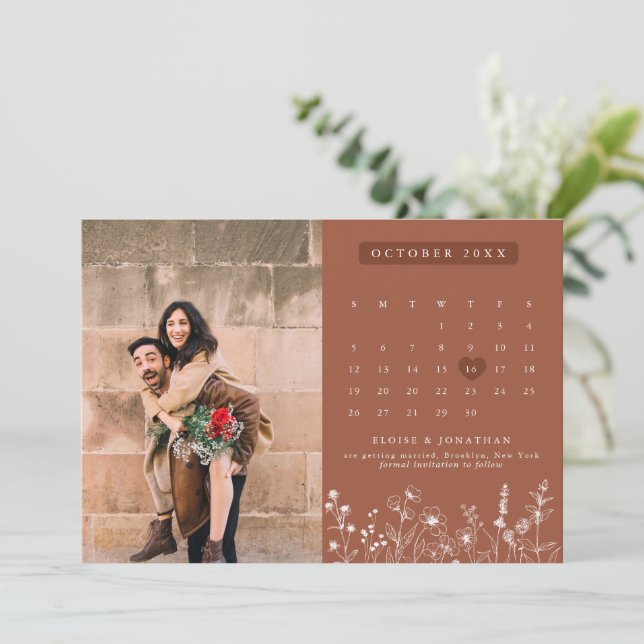 Terracotta Rustikale Wildblume Foto Save The Date (Stehend Vorderseite)