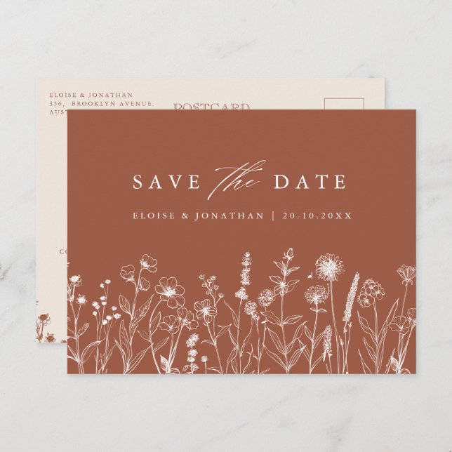 Terracotta Rustikale Wildblume Save the Date Postkarte (Vorne/Hinten)