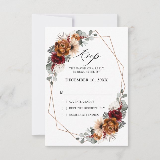 Terracotta Sage Burgund Bloral Geometric Wedding RSVP Karte (Vorderseite)