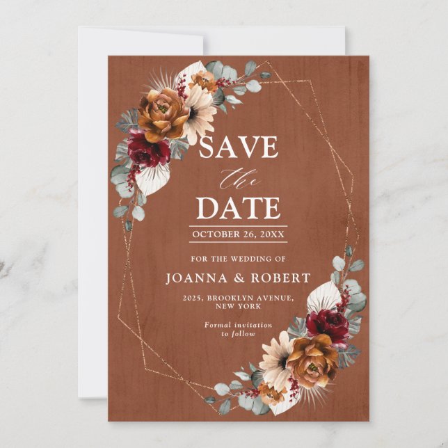 Terracotta Sage Burgund Bloral Geometric Wedding Save The Date (Vorderseite)