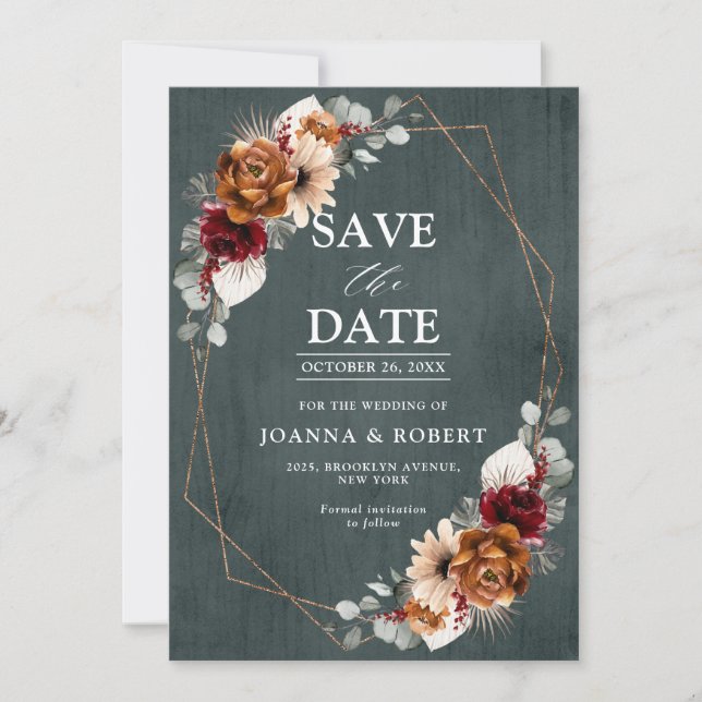 Terracotta Sage Burgund Bloral Geometric Wedding Save The Date (Vorderseite)