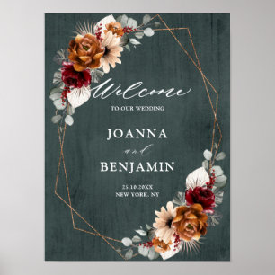 Terracotta Sage Burgundy Geometric Wedding Willkom Poster