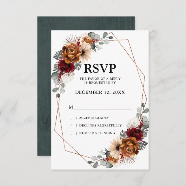 Terracotta Sage Burgundy Greenery Geometric Weddin RSVP Karte (Vorne/Hinten)
