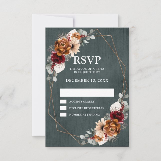 Terracotta Sage Burgundy Greenery Geometric Weddin RSVP Karte (Vorderseite)
