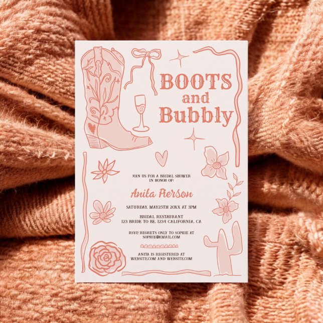 Terracotta scribbles boots bubbly Brautparty Einladung (Terracotta scribbles boots bubbly bridal shower invitation)