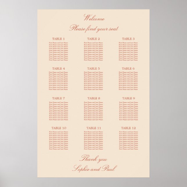 Terracotta Script 12 Table Wedding Seating Poster (Vorne)