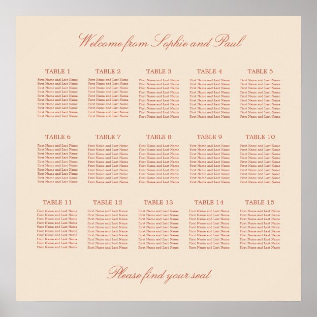 Terracotta Script 15 Table Wedding Seating Poster (Vorne)