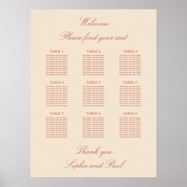 Terracotta Script 9 Table Wedding Poster (Vorne)