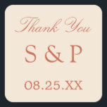 Terracotta Script-Gastgeschenk Hochzeit Quadratischer Aufkleber<br><div class="desc">Terracotta Script Gastgeschenk Hochzeit Sticker,  bitte personalisieren Sie mit den Initialen des Paares und das Datum der Hochzeit,  mit der Online-Personalisierung Vorlage vor der Bestellung.</div>
