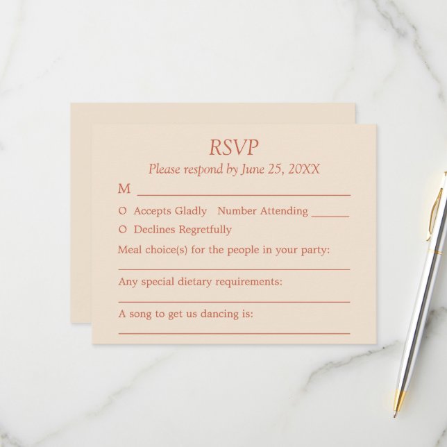 Terracotta Script Guest Choices Wedding RSVP Card (Vorderseite/Rückseite Beispiel)