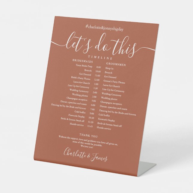 Terracotta Script Wedding Schedule Timeline Sockelschild (Vorderseite)