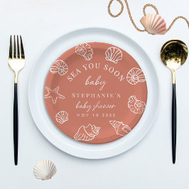 Terracotta Sea You Soon Coastal Beach Baby Shower Pappteller