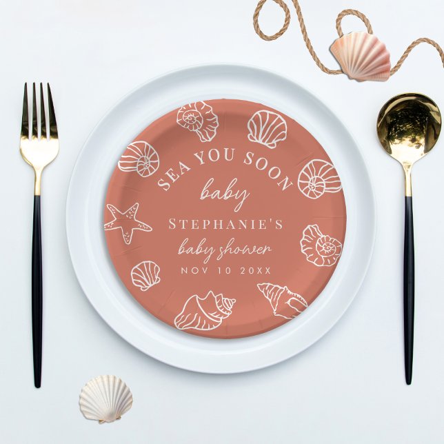 Terracotta Sea You Soon Coastal Beach Baby Shower Pappteller (Von Creator hochgeladen)