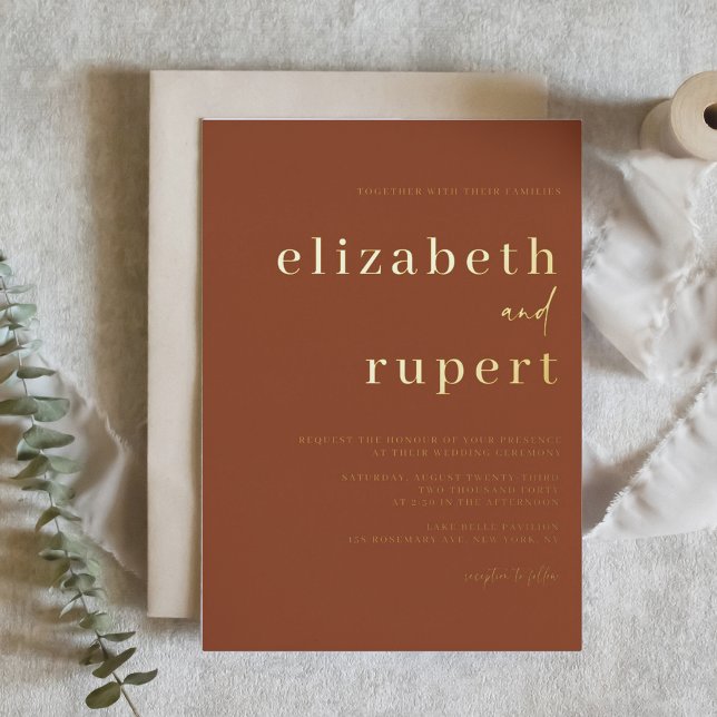 Terracotta Serif Script Minimalistisch Wedding Folieneinladung (Von Creator hochgeladen)