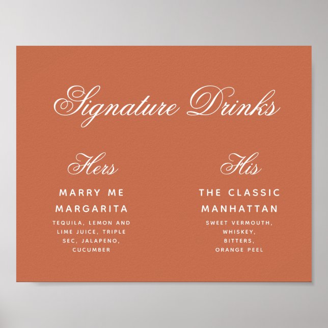 Terracotta Signature Drinks Script Wedding Signatu Poster (Vorne)