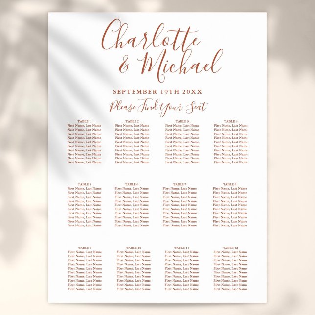 Terracotta Signature Script Hochzeitsdiagramm Poster (Terracotta Signature Script Wedding Seating Chart)