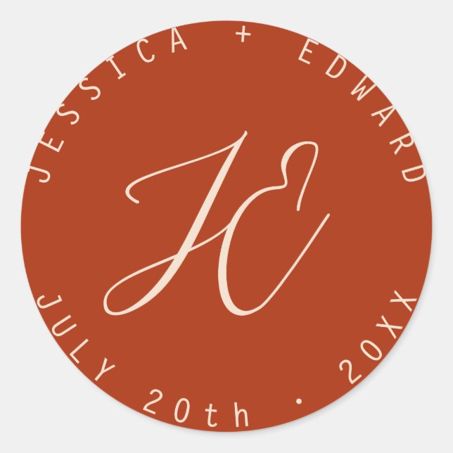 Terracotta Simple Monogram Modern Minimal Script Runder Aufkleber (Vorderseite)