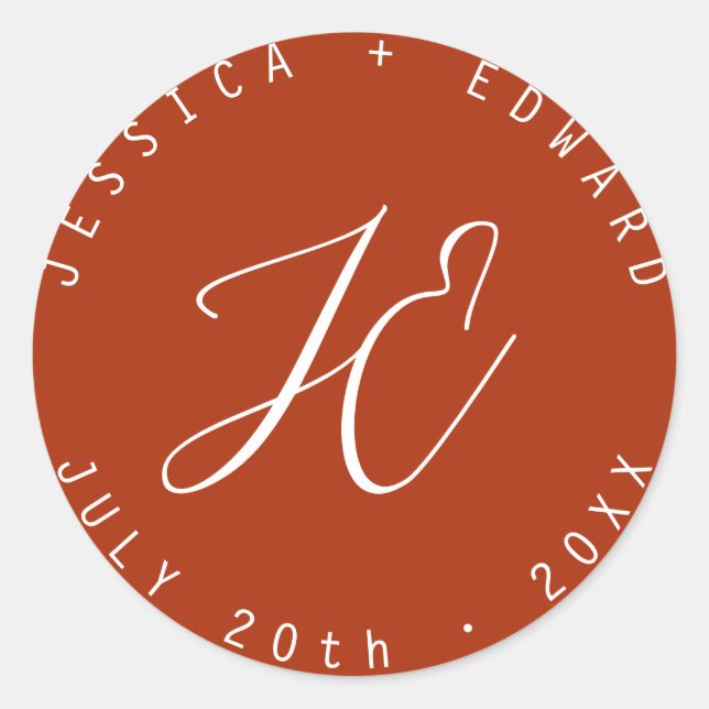 Terracotta Simple Monogram Modern Minimal Script Runder Aufkleber (Vorderseite)