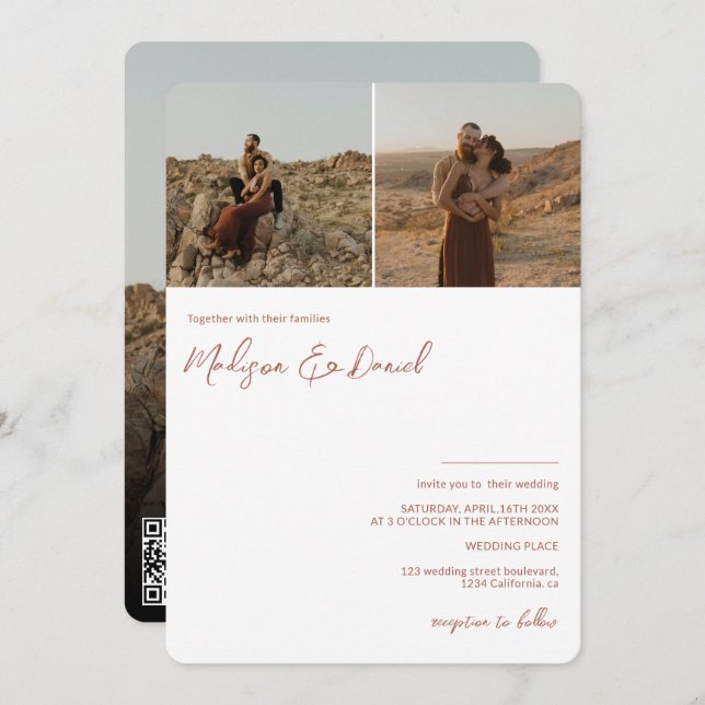 Terracotta Skripte Namen 3 Fotos qr Code Hochzeit Einladung (Vorne/Hinten)