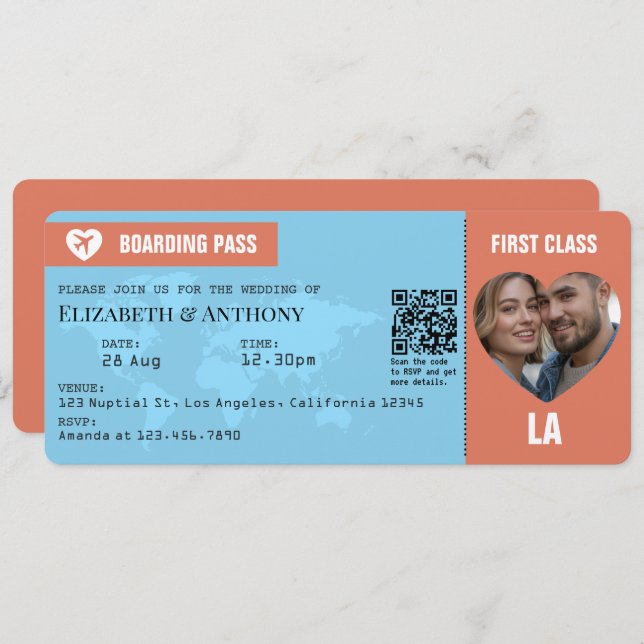 Terracotta & Sky Blue Boarding Pass Wedding Einladung (Vorne/Hinten)