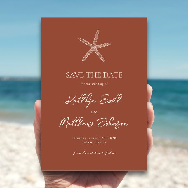 Terracotta Starfish Beach Hochzeit in Urlaubsort Save The Date (Von Creator hochgeladen)