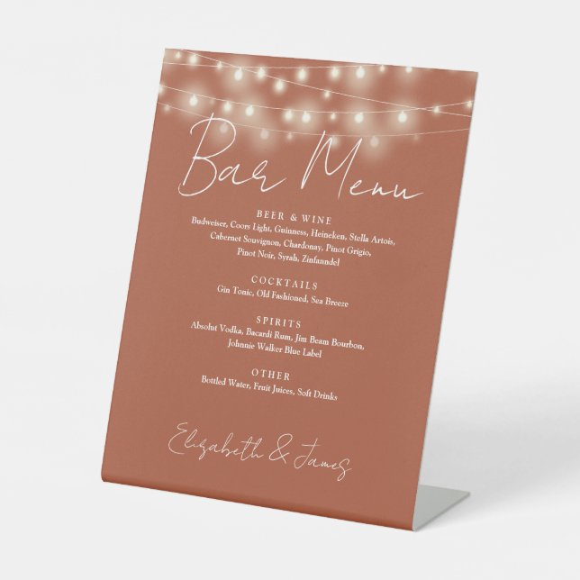 Terracotta String Lights Elegantes Skript-Bar Menu Sockelschild (Vorderseite)