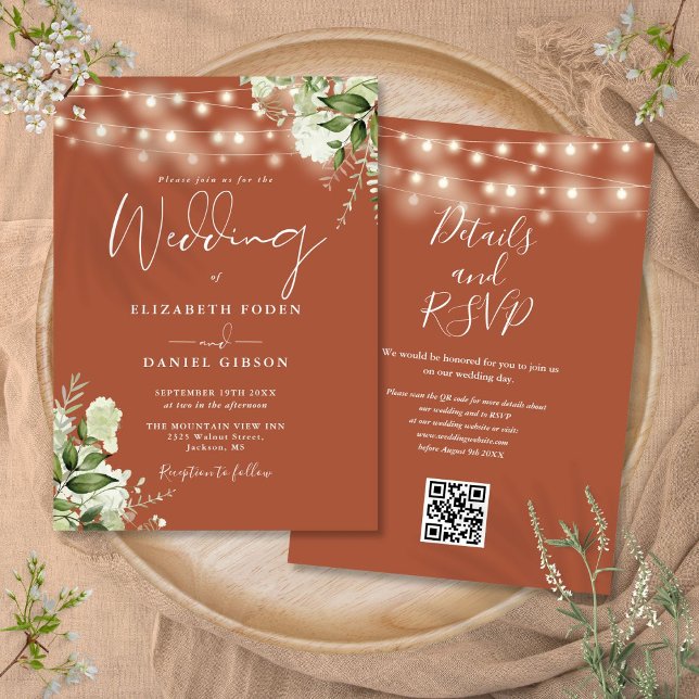 Terracotta String Lights Floral QR Code Wedding Einladung (Terracotta String Lights Floral QR Code Wedding Invitation)
