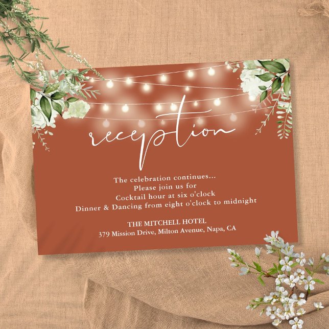 Terracotta String Lights Floral Wedding Empfang Begleitkarte (Terracotta String Lights Floral Wedding Reception Enclosure Card)