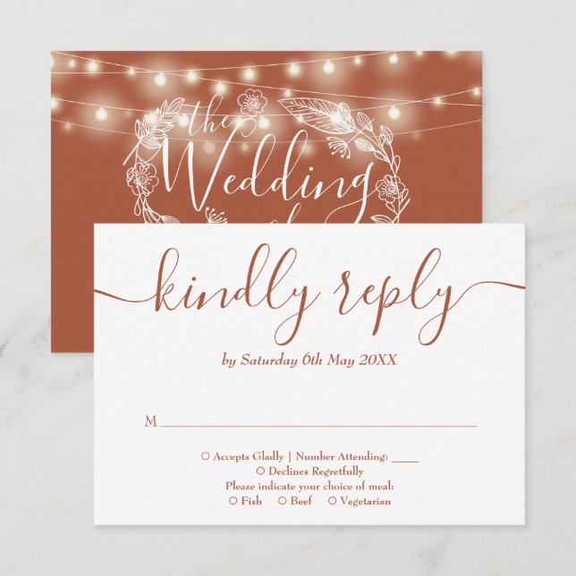 Terracotta String Lights Floral Wedding RSVP Karte (Vorne/Hinten)