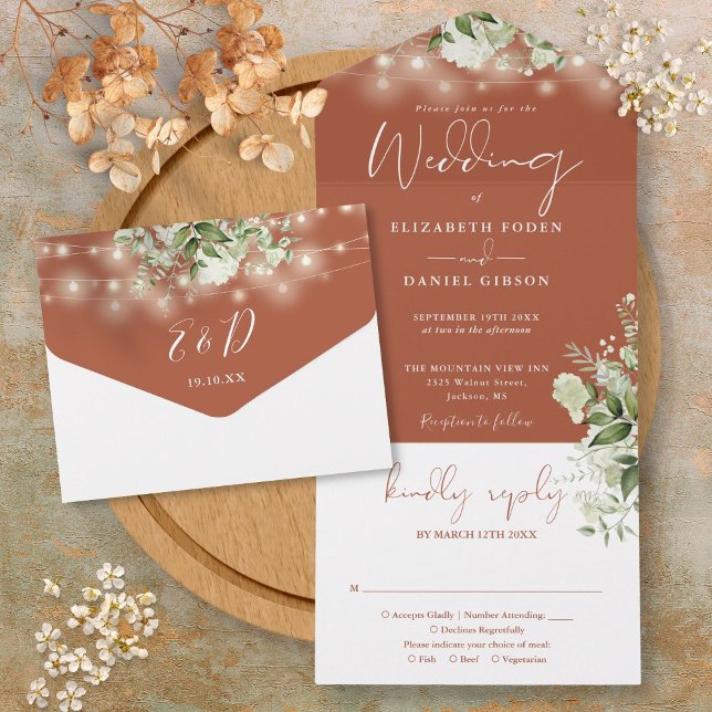 Terracotta String Lights Greenerity Monogram Weddi All In One Einladung (Terracotta String Lights Greenery Monogram Wedding All In One Invitation)