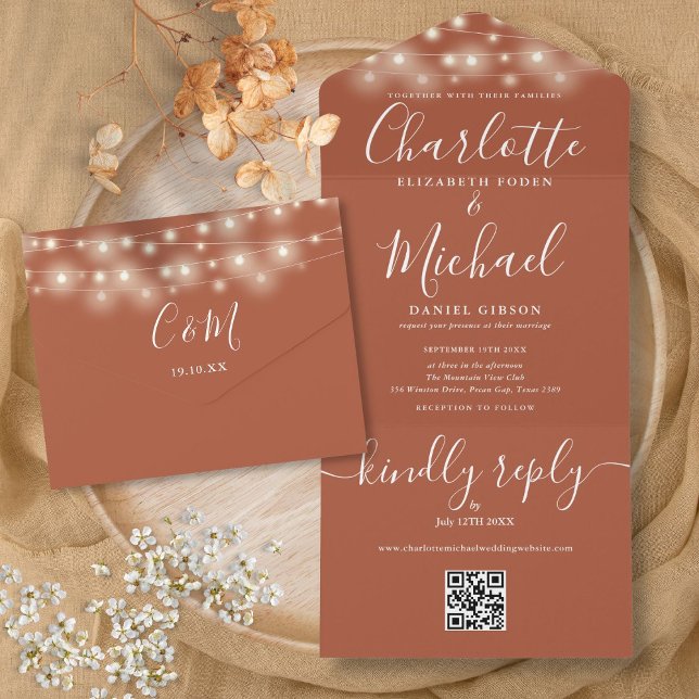 Terracotta String Lights QR Code Monogram Wedding All In One Einladung (Terracotta String Lights QR Code Monogram Wedding All In One Invitation)