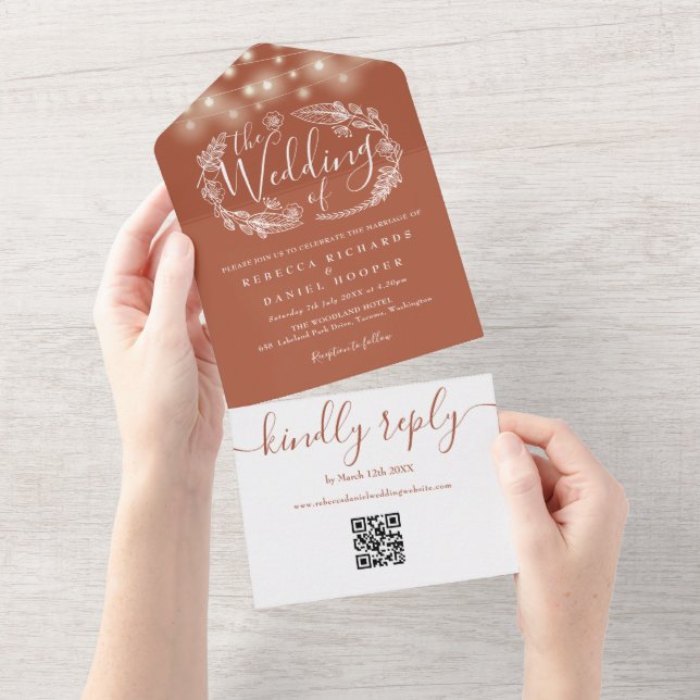 Terracotta String Lights QR Code Wedding All In One Einladung (Abreißen)