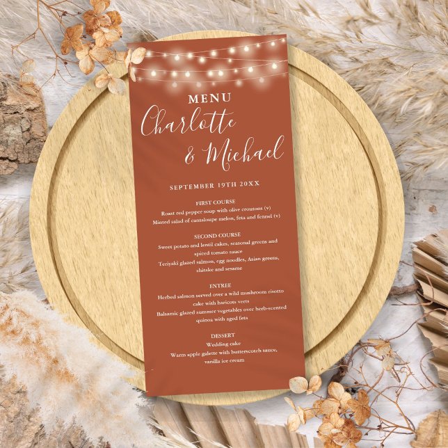 Terracotta String Lights Signature Wedding Menu Menükarte (Terracotta String Lights Signature Wedding Menu)