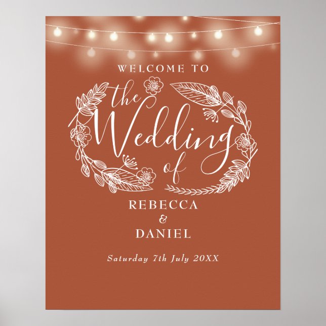 Terracotta String Lights Wedding Willkommenszeiche Poster (Vorne)