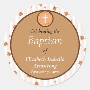 Terracotta Stripe und Leaf Wreath Fall Taufe Runder Aufkleber