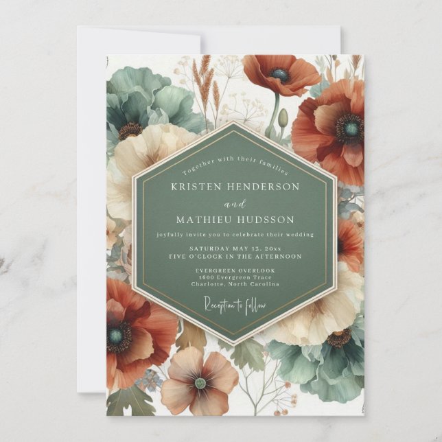 Terracotta Teal Painterly Wedding Einladung (Vorderseite)
