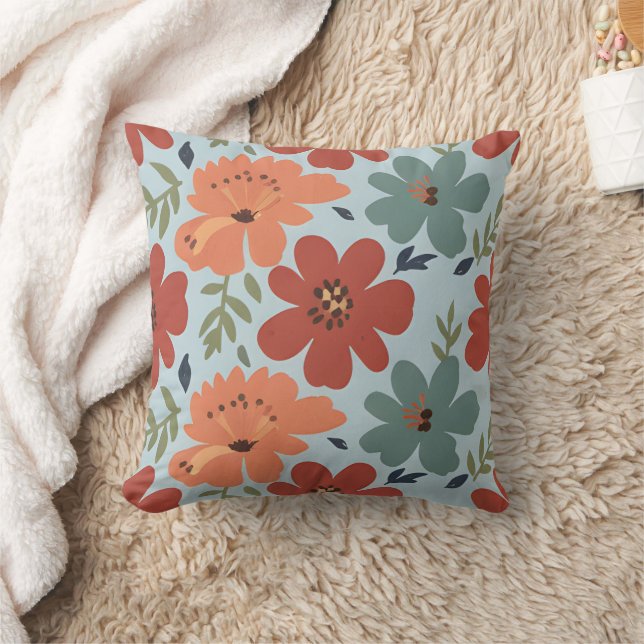 Terracotta & Teal Retro Floral Kissen (Decke)