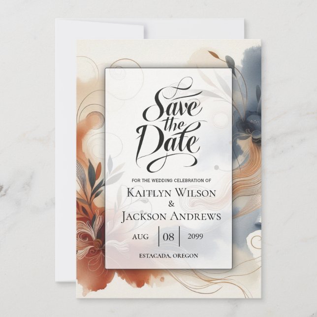 Terracotta Twilight und Navy Blogs Save the Date (Vorderseite)