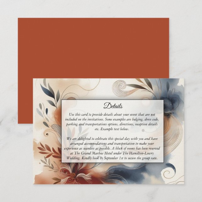 Terracotta Twilight und Navy Blooms Hochzeit Begleitkarte (Vorne/Hinten)